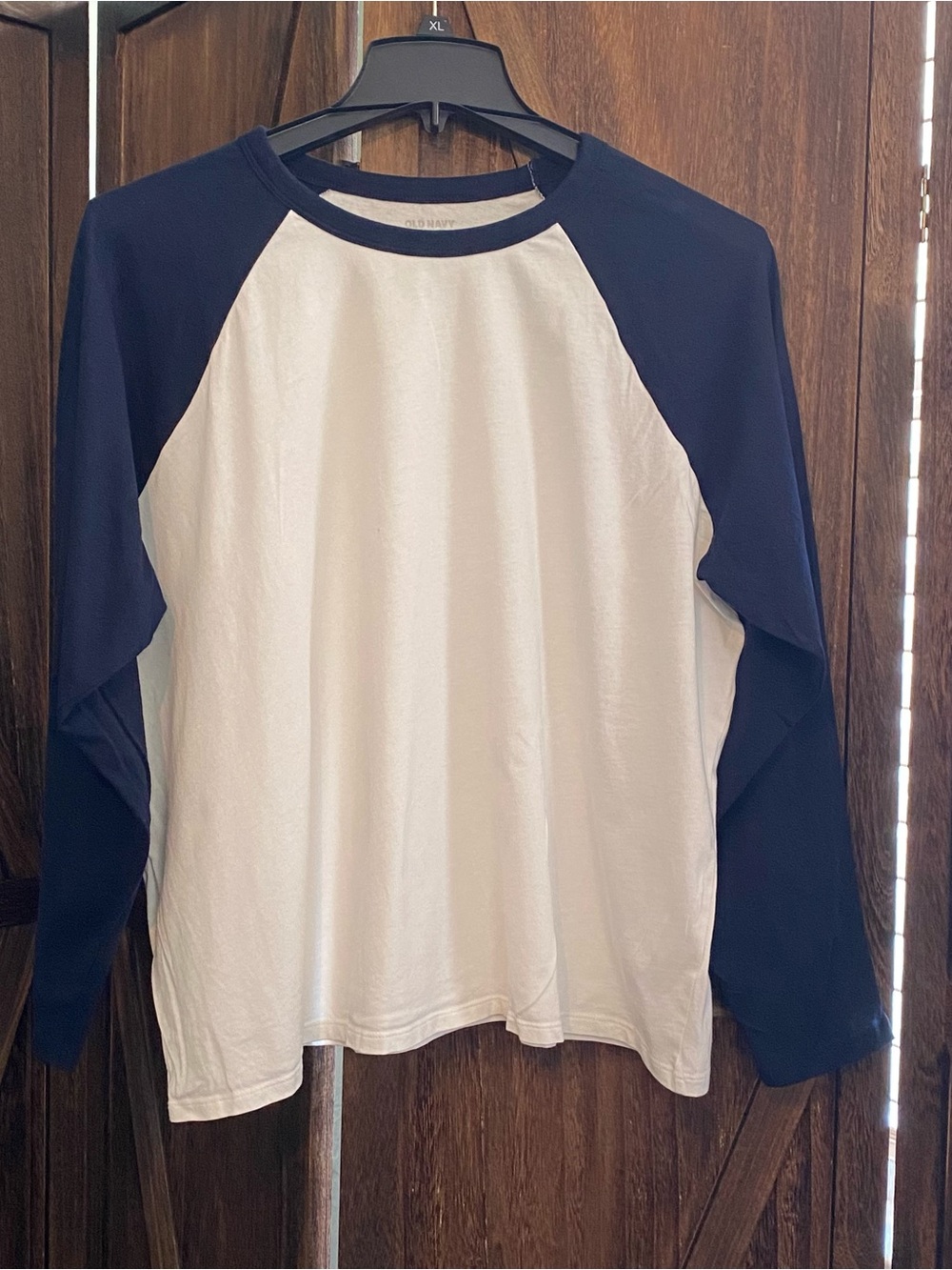 Old Navy White and Navy Long-Sleeve Raglan Tee